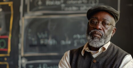 Black teacher in the classroom, blackboard in the background, concept of Back to School, Teachers’ Day.