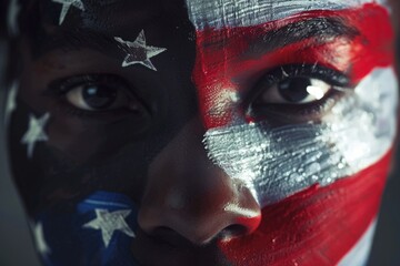 Black woman with face painted USA flag, concept of American independence, July 4th, Independence Day, American Flag.