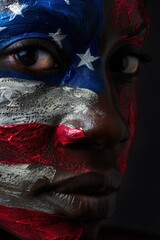 Black woman with face painted USA flag, concept of American independence, July 4th, Independence Day, American Flag.