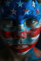 Child with face painted USA flag, concept of American independence, July 4th, Independence Day, American Flag.