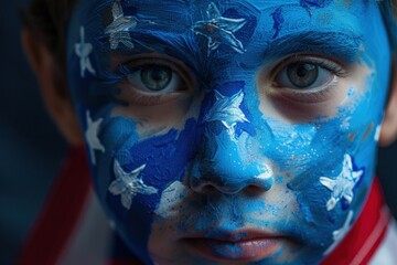 Child with face painted USA flag, concept of American independence, July 4th, Independence Day, American Flag.