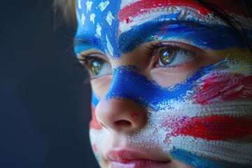 Child with face painted USA flag, concept of American independence, July 4th, Independence Day, American Flag.