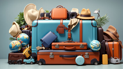 There is a pile of 7 suitcases of various sizes and colors.