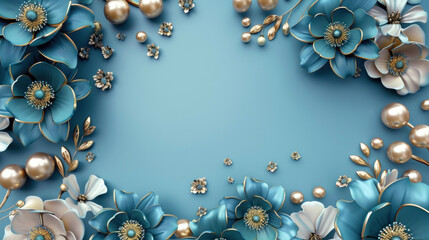 Beautiful 3D denver blue flower with golden touch and pearls on wavy decorative background as wallpaper illustration, Elegant backdrop with copy space