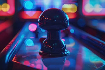 Arcade joystick, background with neon light, gaming concept.