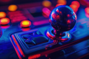 Arcade joystick, background with neon light, gaming concept.