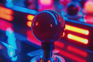 Arcade joystick, background with neon light, gaming concept.
