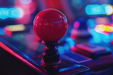 Arcade joystick, background with neon light, gaming concept.