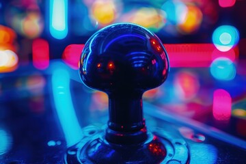 Arcade joystick, background with neon light, gaming concept.