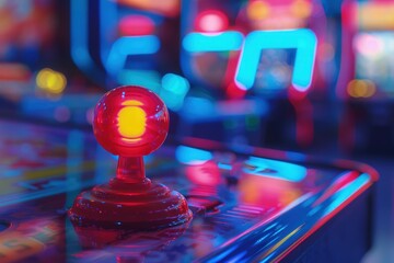 Arcade joystick, background with neon light, gaming concept.