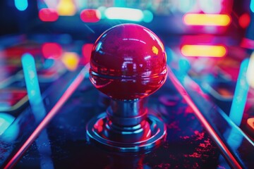 Arcade joystick, background with neon light, gaming concept.
