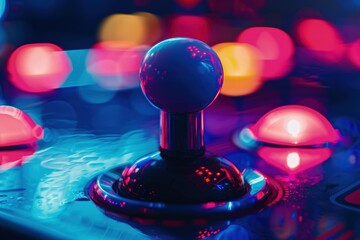 Arcade joystick, background with neon light, gaming concept.