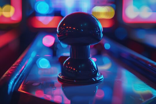 Arcade joystick, background with neon light, gaming concept.