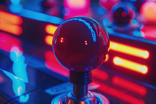 Arcade joystick, background with neon light, gaming concept.