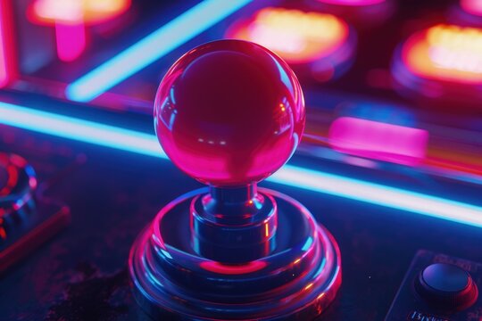 Arcade joystick, background with neon light, gaming concept.