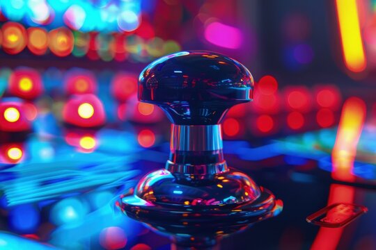 Arcade joystick, background with neon light, gaming concept.