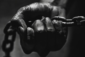 Hand of a black person holding a black chain, concept of Juneteenth, Freedom Day, end of slavery.