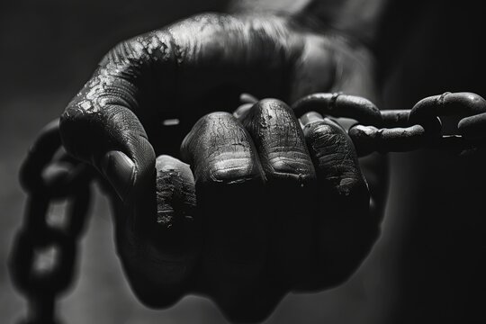 Hand of a black person holding a black chain, concept of Juneteenth, Freedom Day, end of slavery.