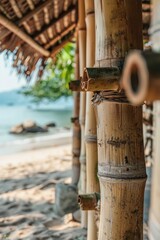 Beautiful landscape of a simple house made of bamboo on the beach, summer, vacation concept.