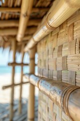 Beautiful landscape of a simple house made of bamboo on the beach, summer, vacation concept.
