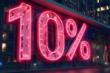 A "10%" symbol crafted from bright, city neon lights, illuminating a night scene, capturing the excitement and appeal of urban savings. 32k, full ultra hd, high resolution
