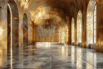 A magnificent hall with golden lit arches and a glossy floor reflects a blend of modern and classical design influences