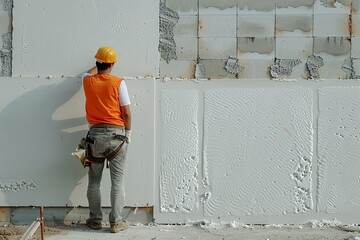 Construction worker examining polystyrene foam wall on site