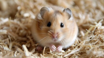 Hamster on the straw background. Hamster close-up. Caring for pet rodents