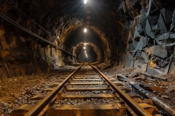 Inside an old tunnel with a train track. - obrazy, fototapety, plakaty