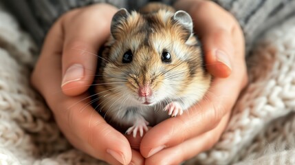 Cute hamster in hands, closeup. Animal protection concept