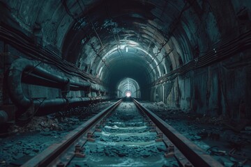 Inside an old tunnel with a train track.