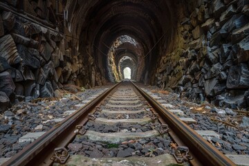 Fototapeta na wymiar Inside an old tunnel with a train track.