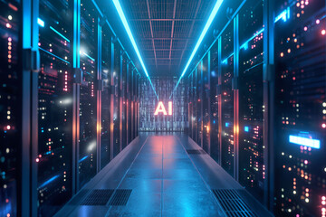 Inside a dynamic data center with a central AI sign, illustrating the role of artificial intelligence in enhancing data processing and storage solutions.