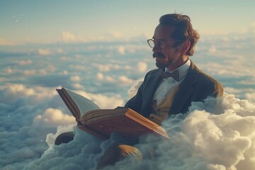 A surreal image of a blurred gentleman immersed in a book surrounded by soft clouds and a warm sunset sky