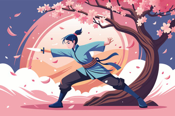 person practicing martial arts with flowing movements, surrounded by cherry blossom trees