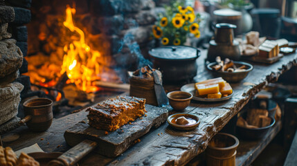 Feast of Ages: A Medieval Banquet in a Rustic Dining Hall, Illuminated by Candlelight