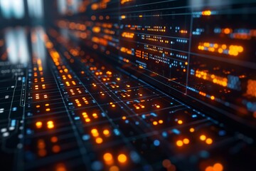 Digital code background glowing with orange illumination, emphasizing large scale data processing and cyber environment