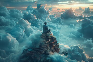 Surreal image of a man atop a mountain of books amidst dreamy clouds symbolizing knowledge,...