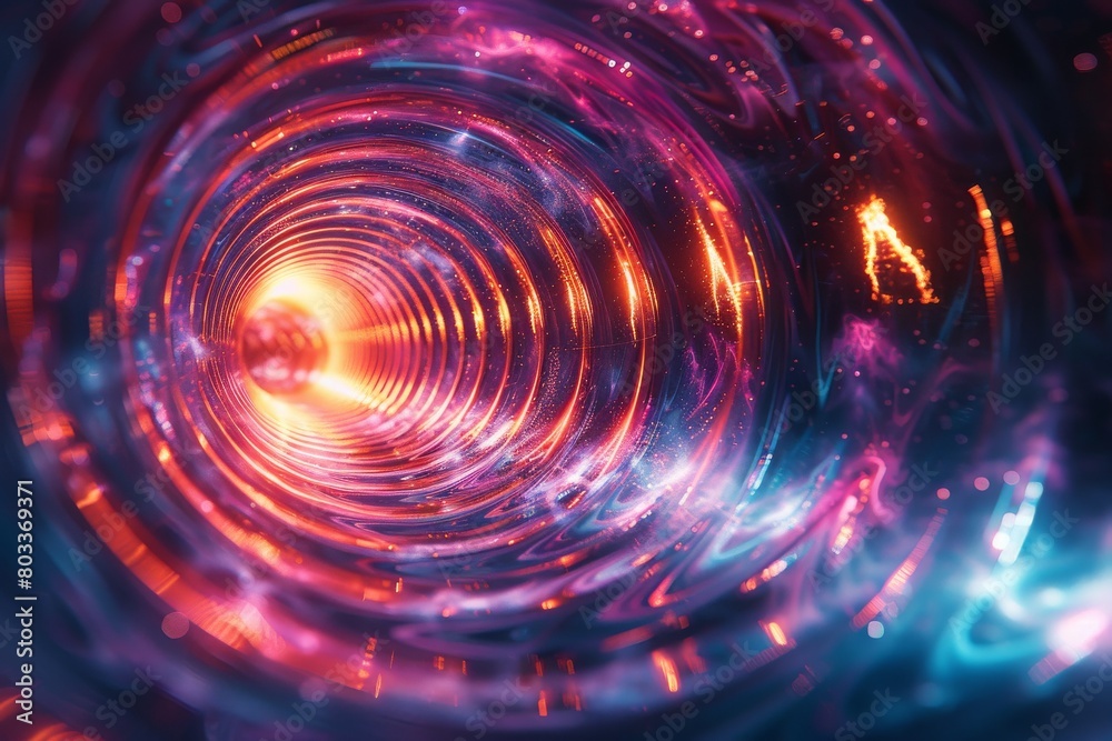 Poster dive into a mesmerizing red and blue spiral tunnel illuminated by dynamic and intense colors, repres