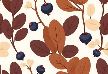 Seamless pattern with blueberries and green leaves for fabric, wallpaper, and packaging design. This repeating botanical pattern features blueberries scattered amongst lush green leaves on a light bac