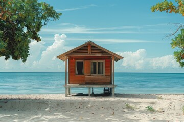 Fototapeta premium Landscape with a simple wooden house on the beach, summer, vacation concept.