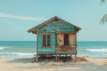 Obraz premium Landscape with a simple wooden house on the beach, summer, vacation concept.