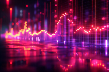 An abstract financial graph glowing in neon red, illustrating volatile stock movements and trends, ideal for representing advanced financial analytics in a modern digital era.