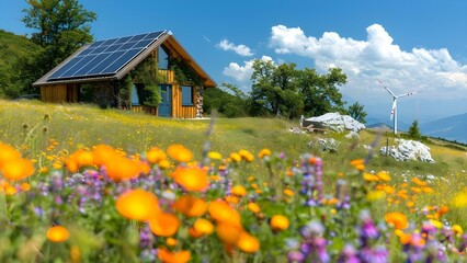 Sustainable Living: Off-grid Tiny Home with Solar Panels and Wind Turbines. Concept Sustainable Living, Off-grid Living, Tiny Home, Solar Panels, Wind Turbines