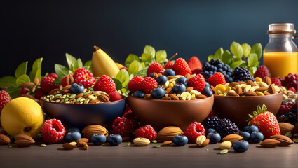  three bowls on a table. One bowl is filled with almonds,