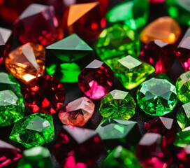 A close-up view of numerous vibrant green and pink gemstones scattered across the surface. Each gemstone exhibits a high level of polish and clarity, making them sparkle under the light.