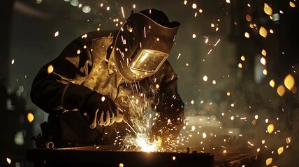 Welder working with metal and sparks - An intense image of a welder at work, with sparks flying as metal is fused under the heat of the welding process