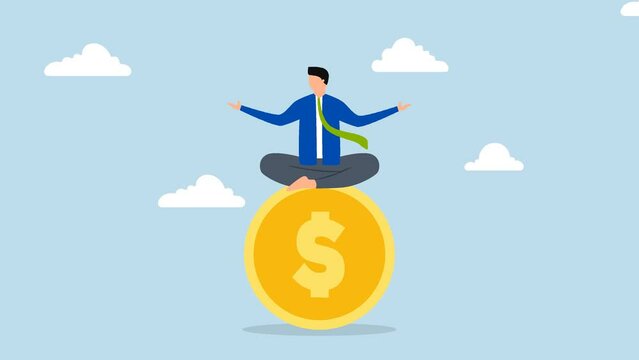 Financial expert, 4k animation of businessman meditating and floating on large gold coin dollar.