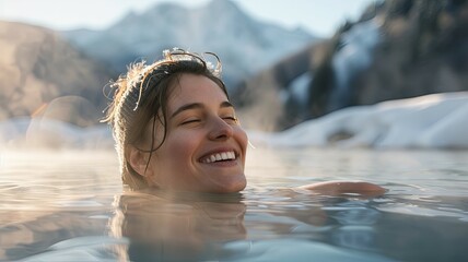 Content woman in a geothermal pool - Contented woman with eyes closed bathing in a natural geothermal pool with mountainous background
