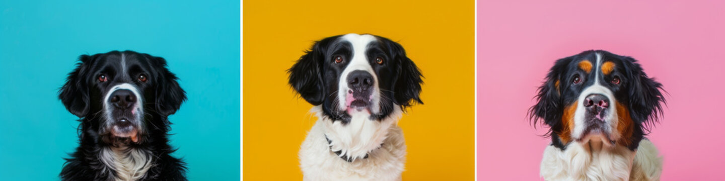 Three dogs are standing in front of a yellow, blue and pink background. Set of  Berner Sennenhund portraits in different colors frames.
